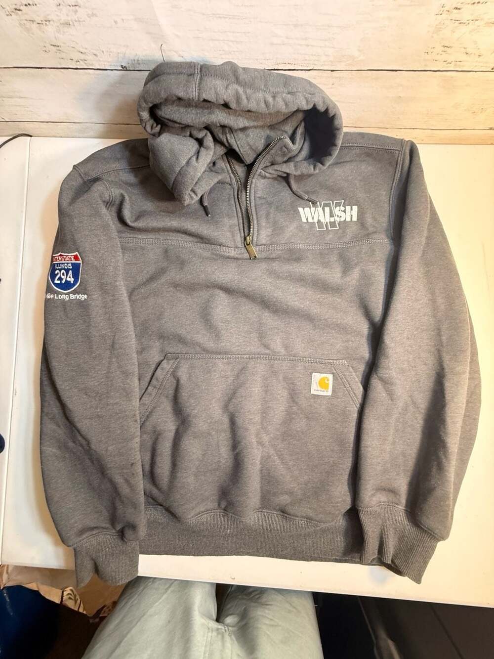Carhartt Gray Quarter-Zip Pullover Hoodie with Walsh and Interstate 294 Patches